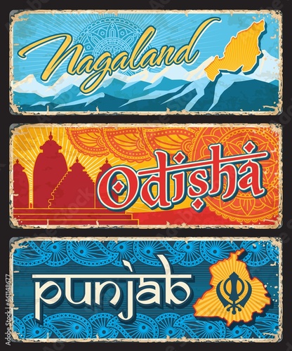 Nagaland, Odisha and Punjab Indian states vintage plates or banners. Vector aged signs, travel destination landmarks of India. Retro grunge boards, worn touristic signboards plaques with ornament