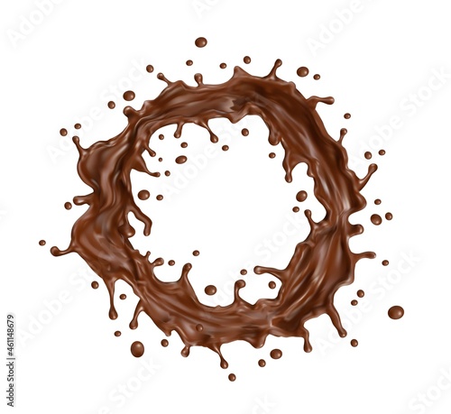 Chocolate milk round twister or swirl splash with splatters. Melted and liquid hot chocolate swirl, 3d realistic vector dessert cocoa drink or confectionery syrup circle splash with droplets