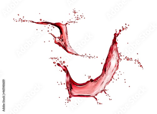 Fotografia Red grape wine or cherry juice isolated liquid swirl splash with splatters, vector