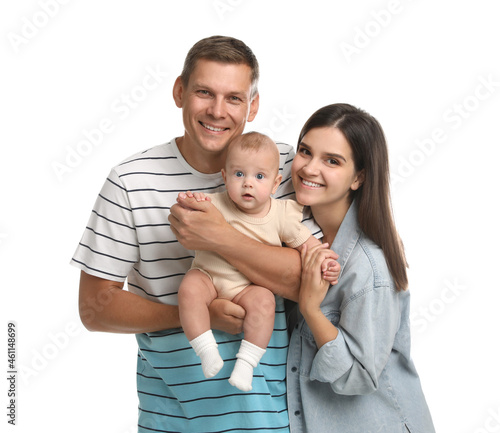Portrait of happy family with their cute baby on white background