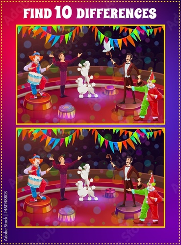 Circus ten differences kids game. Children educational activity, cartoon vector game with matching task. Logical riddle, child playing exercises with circus performer, magician, clowns and animals