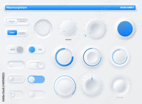 Neumorphic knob UI kit, mobile application buttons, user interface or UX. Buttons, on off sliders, switches and volume control knobs of mobile and website app GUI, minimal neumorphism