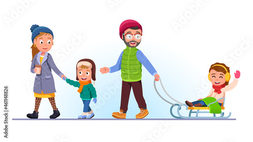 Family couple with kids walking outdoor