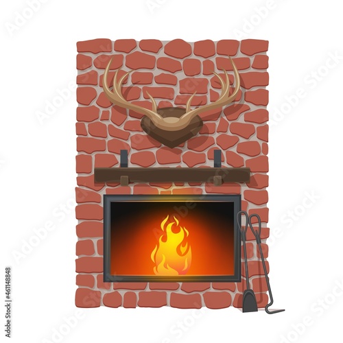 Fireplace and hunting trophy. Vector cartoon fire place or wood burning hearth. Red stone chimney, wooden mantelpiece and deer antlers, shovel and poker, house interior design
