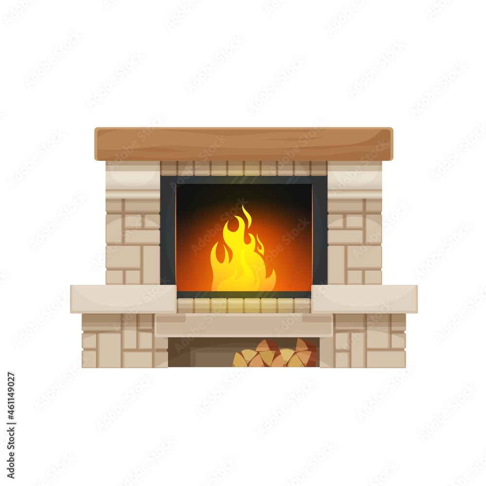 Wood burning fireplace or hearth isolated vector icon. Stone or brick home fireplace or stove with burning fire, wooden mantel or mantelpiece and firewood storage shelf with wood logs Wood burning fireplace or hearth isolated vector icon. Stone or brick home fireplace or stove with burning fire, wooden mantel or mantelpiece and firewood storage shelf with wood logs