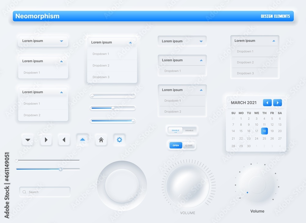 Neumorphic UI, user interface buttons, search bars and switches. Vector UX kit for mobile application, web social media with knob, volume buttons and sliders, search box, action bars and calendar - obrazy, fototapety, plakaty 