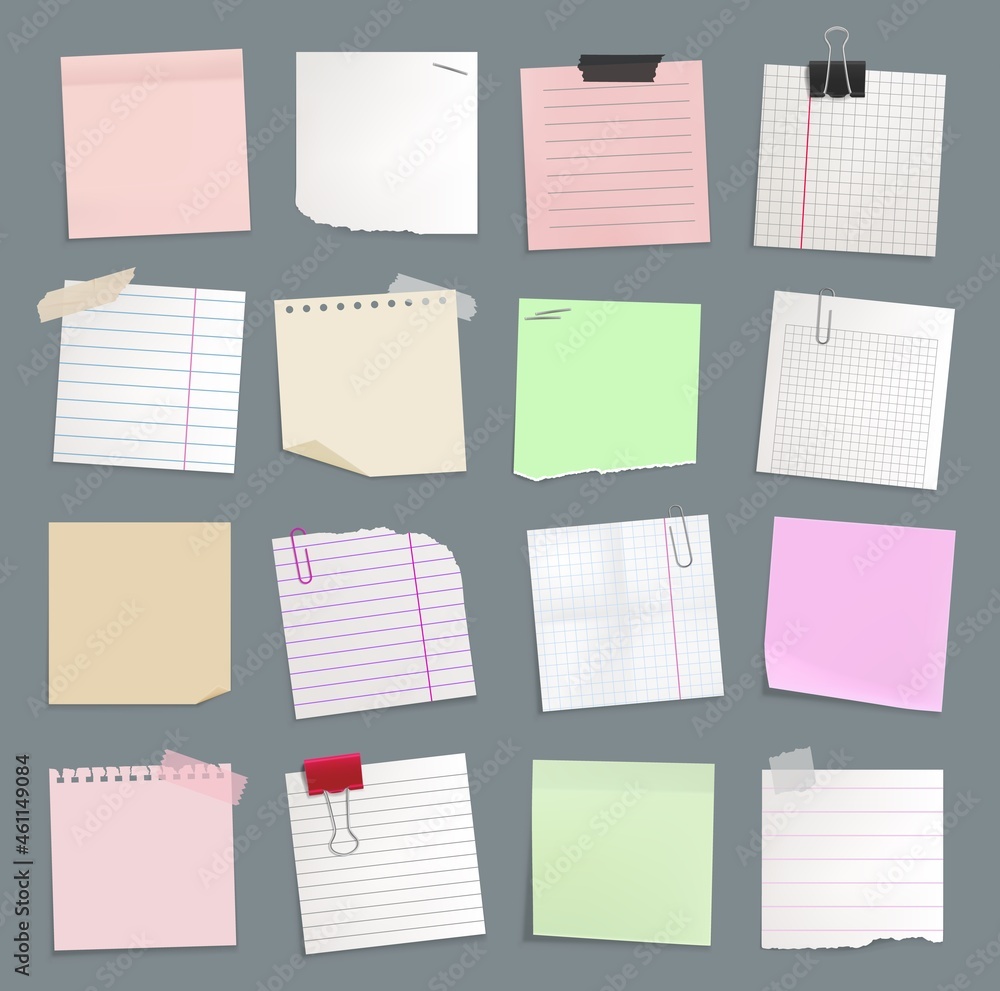 Blank paper notes, sticker notepads and to do memo messages, vector set. Sticky notes or sheet list posts on office board, memo notices and notepaper pages on adhesive tape, reminders on pin clips Blank paper notes, sticker notepads and to do memo messages, vector set. Sticky notes or sheet list posts on office board, memo notices and notepaper pages on adhesive tape, reminders on pin clips