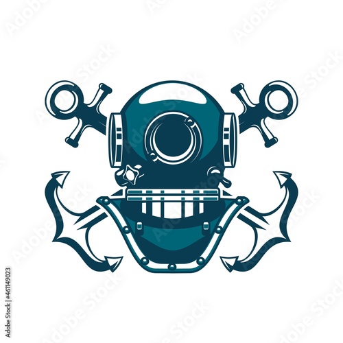 Marine heraldic icon of diving helmet and crossed anchors, vector nautical and seafaring symbol. Retro marine aqualung or underwater vintage diving helmet of sea scuba diver
