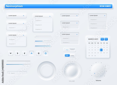 Neumorphic UI, user interface buttons, search bars and switches. Vector UX kit for mobile application, web social media with knob, volume buttons and sliders, search box, action bars and calendar