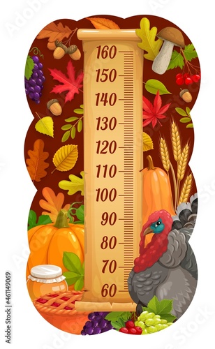 Kids height chart with thanksgiving turkey, harvest and autumn leaves. Children growth meter centimeter vector scale with mushroom, pumpkin and honey, pie, grapes and wheat ears, oak acorn and leaves