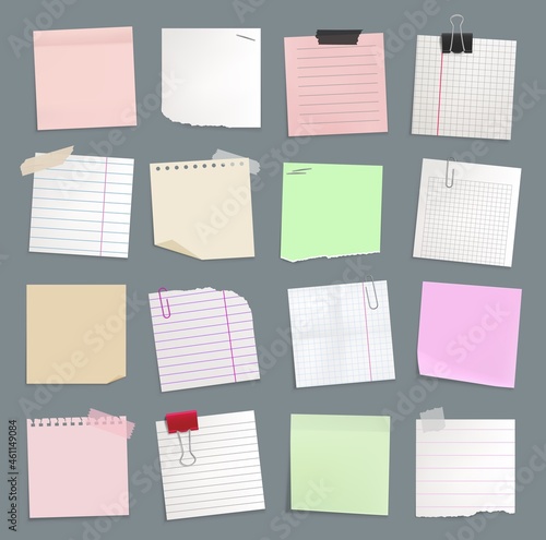 Blank paper notes, sticker notepads and to do memo messages, vector set. Sticky notes or sheet list posts on office board, memo notices and notepaper pages on adhesive tape, reminders on pin clips