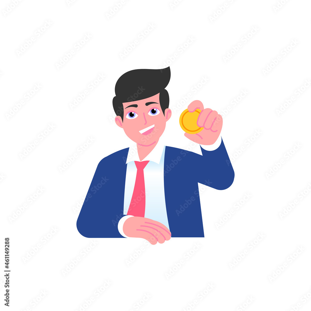 Businessman in suit holding gold coin. Investment, financial growth, donation concept. Male emoji character with different emotion and gesturing. Vector illustration isolated on white background