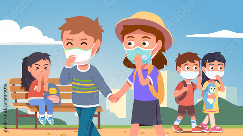 Boys, girls wearing masks, walking in city park