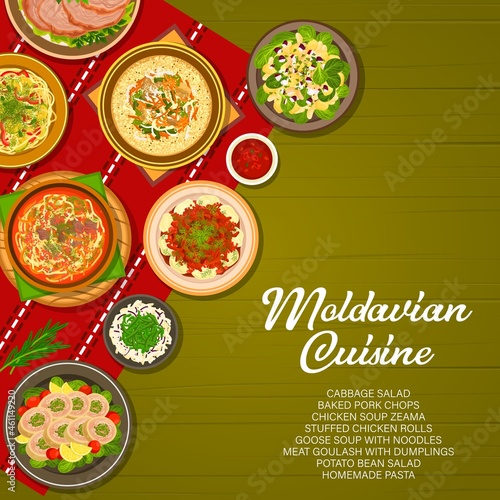 Moldavian food cuisine  Moldovan menu cover  meals of lunch and dinner  vector. Traditional Moldovan or Moldavian cuisine food  homemade pasta  cabbage salad and goose soup with noodles on table