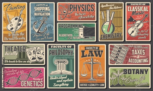 University, academy faculties vector retro banners. Programming information technology, painting and musical arts, chemistry, genetics and botany college, taxes and accounting. Higher school education