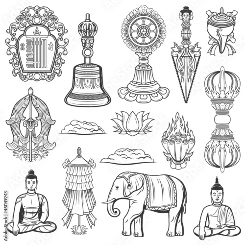 Tibetan Buddhism religion sacred symbols. Vector Kalachakra symbol, tribu bell and dharma wheel, Kila knife, conch shell and golden fish, lotus, vajra, victory banner and elephant, meditating Buddha