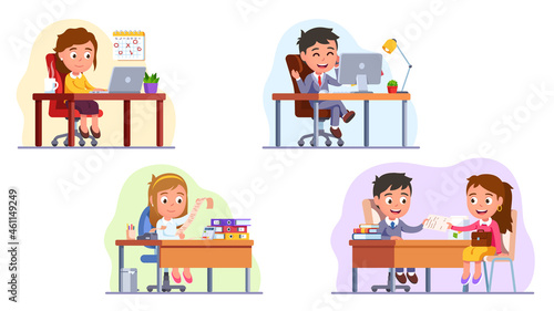 Business people children, workplace desk set 