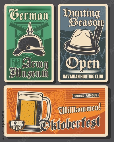 Travel to Germany vector retro banners. German army museum, bavarian hunting club, Oktoberfest. Tour to Berlin and Bavaria, beer festival. Traveling agency service historic tradition vintage cards set