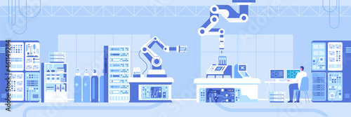 Automated scientific laboratory horizontal background. Robotic arms making tests in flasks, scientist monitoring research on computers. Lab panorama with innovative machinery. Vector illustration