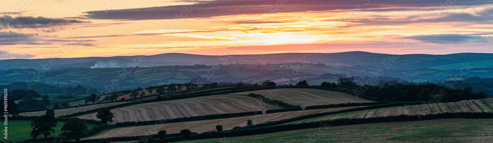 Panorama of Sunset over the fields from drone, Devon, England, Europe