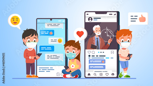 Kids students in masks communicating remotely