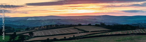 Panorama of Sunset over the fields from drone, Devon, England, Europe
