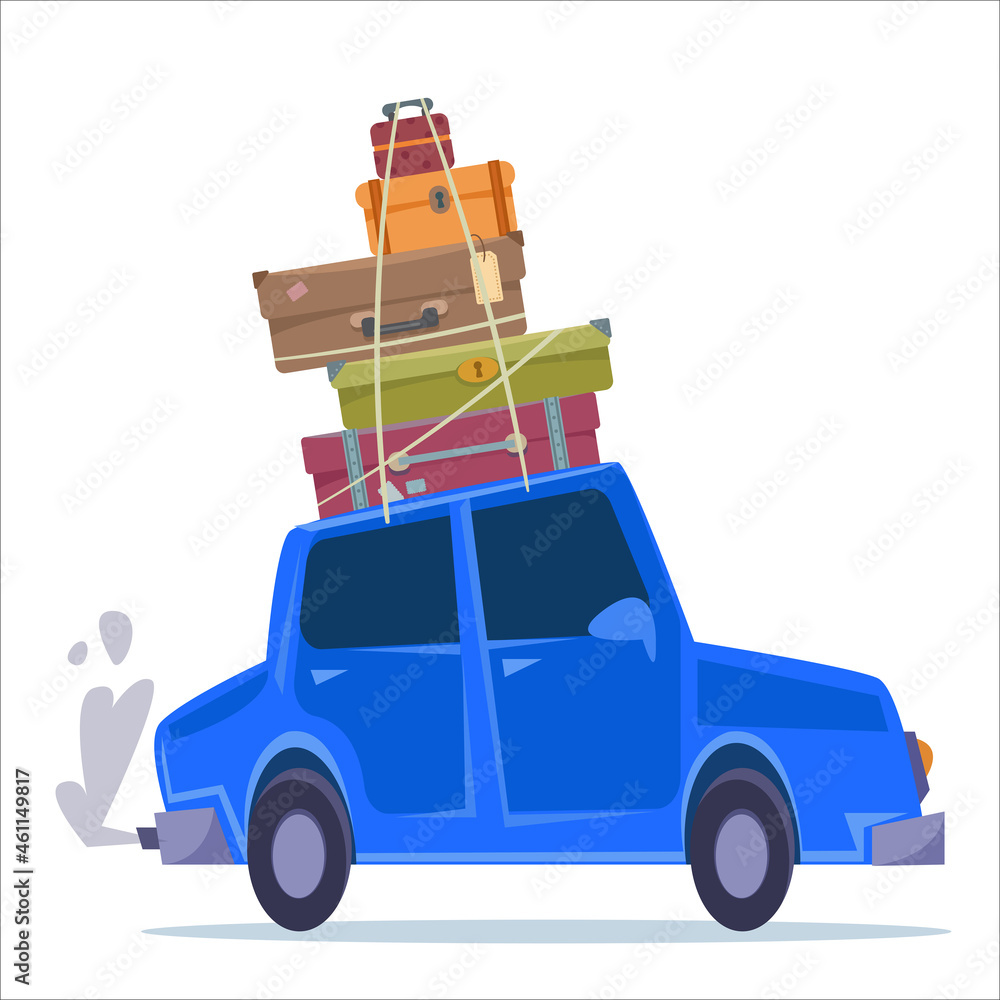 Naklejka premium Blue cartoon car rides with suitcases tied on the roof. Travel and luggage symbol. Vector illustration in cartoon style. Cheerful clipart