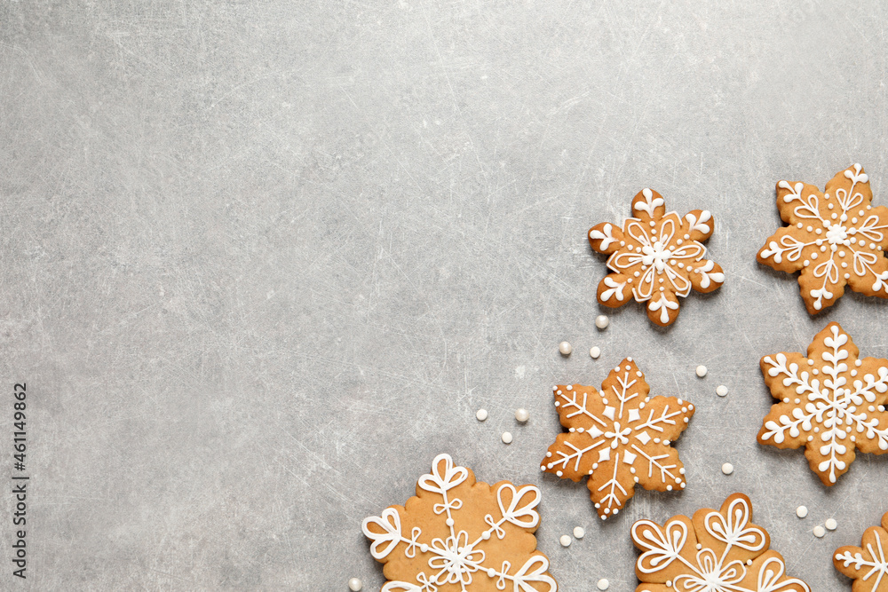 Tasty Christmas cookies on light grey table, flat lay. Space for text Tasty Christmas cookies on light grey table, flat lay. Space for text