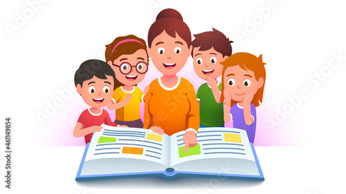 Teacher woman teaching kids class at school
