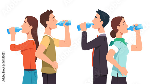 Thirsty people relaxing, drinking beverages set