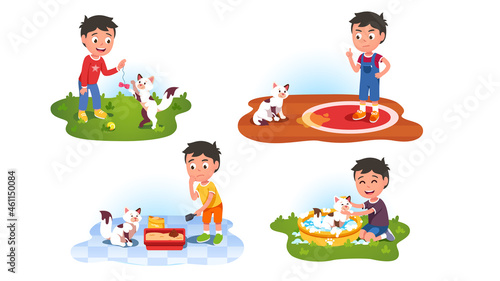Kid play games, reprimand, wash, caress cat pet