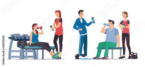Sporty people working out, relaxing, communicating
