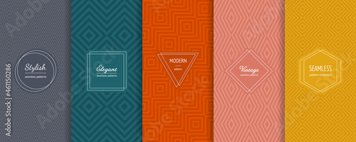 Geometric seamless patterns. Vector set of stylish pastel backgrounds with elegant minimal labels. Abstract modern line ornament textures. Trendy color palette. Design for print, decor, package, web