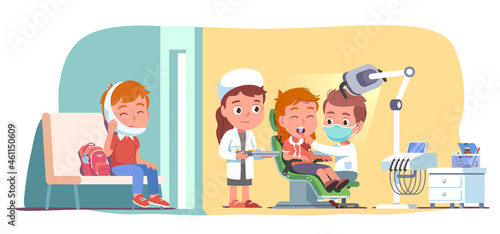 Patients kids visiting dentist in dental clinic