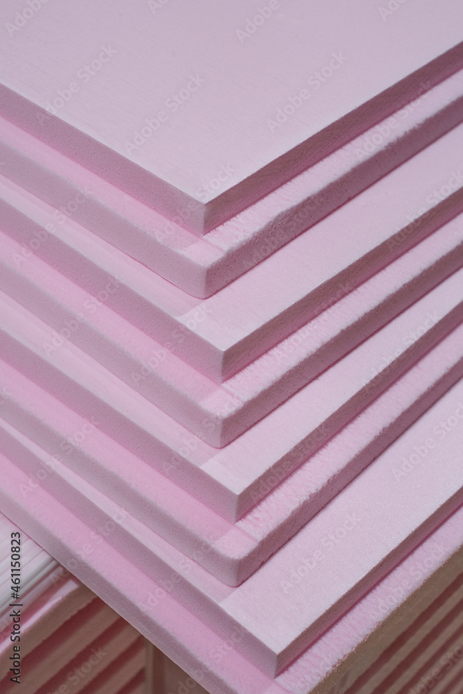 Pink Extruded Polystyrene XPS foam thermal insulation boards stacked in