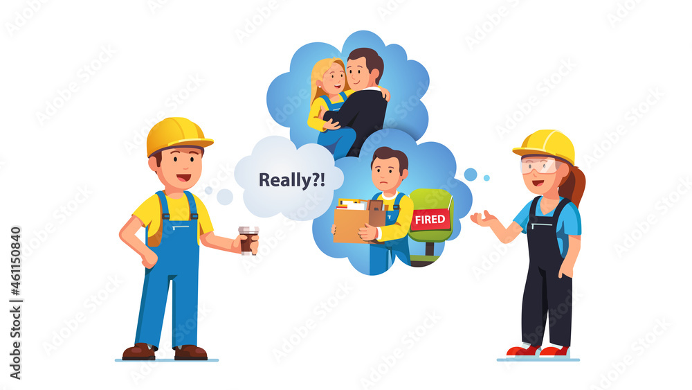 Engineer woman telling rumors stories to man Engineer woman telling rumors stories to man