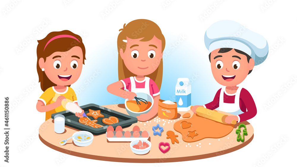 Three kids baking cookies mixing flour, eggs, milk Three kids baking cookies mixing flour, eggs, milk