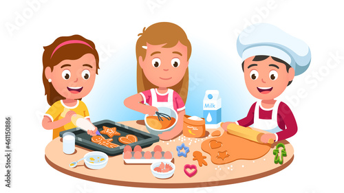 Three kids baking cookies mixing flour, eggs, milk