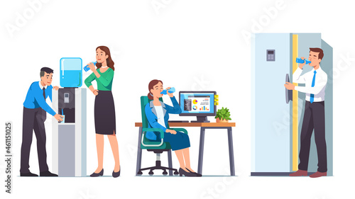 Business men, women drinking water in office set