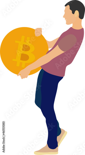 Ahorrar dinero. Hombre llevando un bitcoin. Dinero virtual