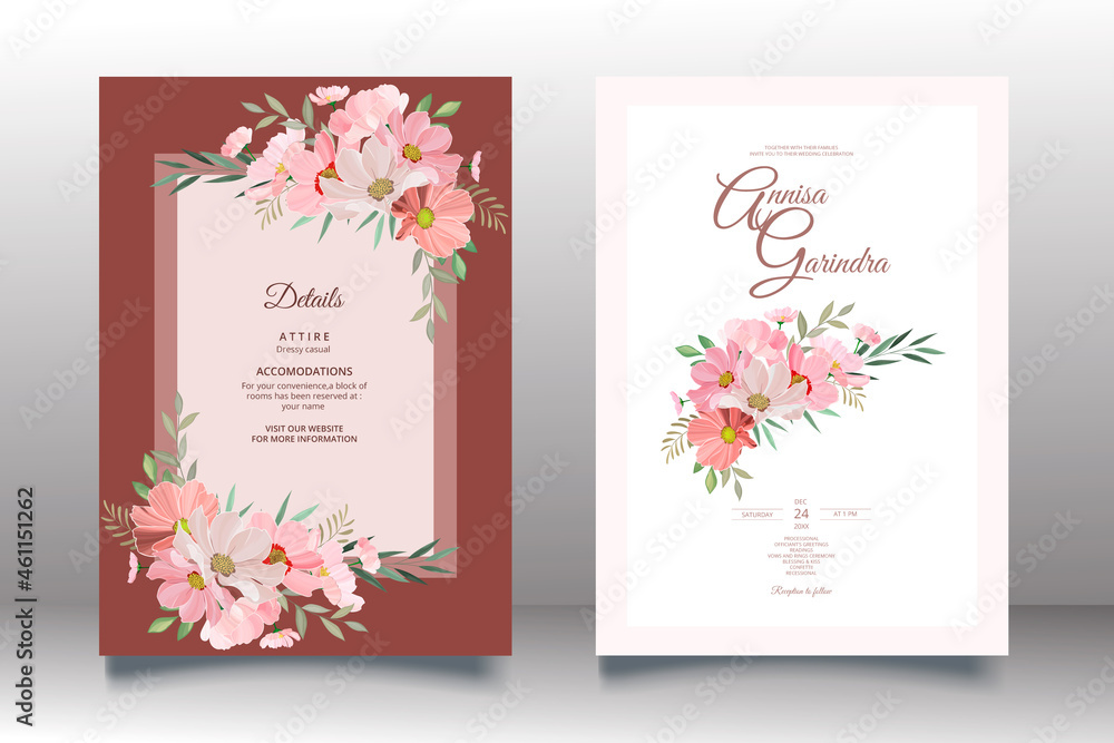 Obraz premium Romantic Wedding invitation card template set with beautiful floral leaves Premium Vector