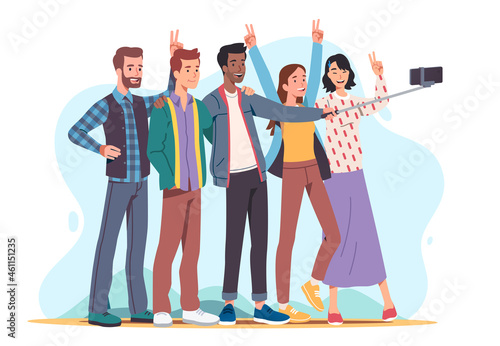 Men, women taking cell phone selfie group photo