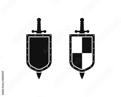 Set of black and white illustrations of shield, sword on a white background. Design element for emblem, label, badge and sticker. Vector illustration. Symbolism. Heraldry.