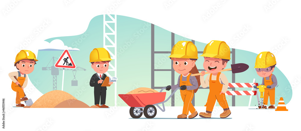 Constructor kid, builders people repairing road Constructor kid, builders people repairing road
