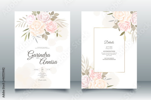 Elegant wedding invitation cards template with pink and blush roses design Premium Vector 