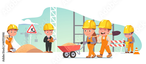 Constructor kid, builders people repairing road