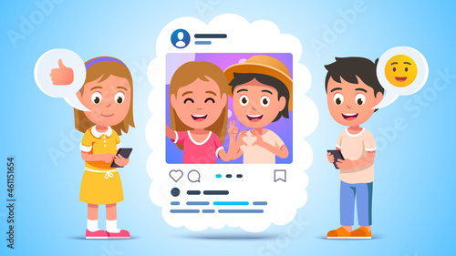 Kids couple posting, commenting, using emoticons