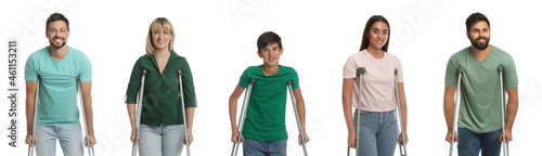 Tablou canvas People with axillary crutches on white background, collage