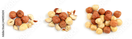 Set with tasty hazelnuts on white background, top view. Banner design