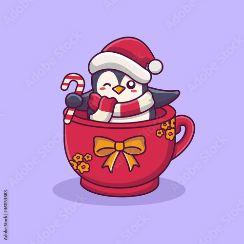 Cute penguin wearing santa hat in cup cute christmas cartoon